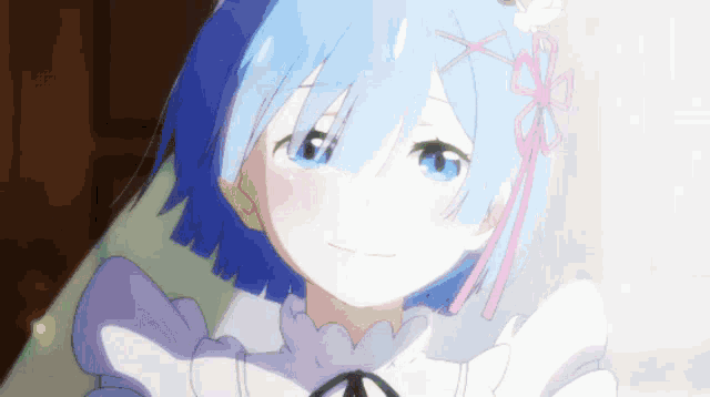 a girl with blue hair and a bow on her head