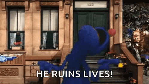 elmo from sesame street is standing in front of a house and says he ruins lives .