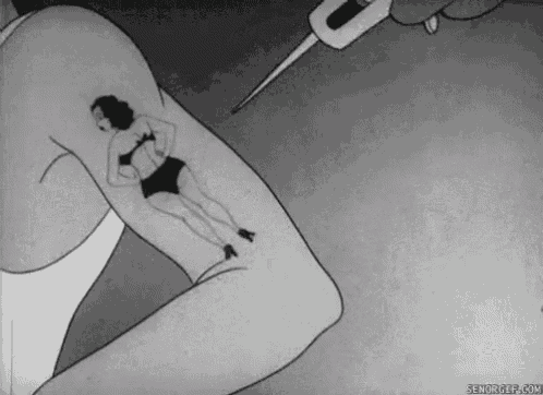 a black and white cartoon of a woman in a bikini getting an injection .