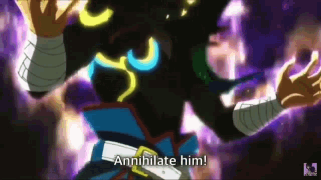 a cartoon character says annihilate him in a purple background .