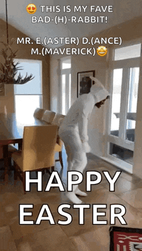 a person in a bunny costume is dancing in a living room with the words happy easter on the bottom .