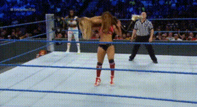 a woman in a bikini is standing in a wrestling ring with a referee watching .