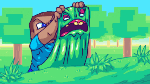 a cartoon drawing of a man holding a green monster with trees in the background