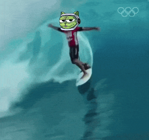 a cartoon of a person riding a wave with the olympic rings behind them