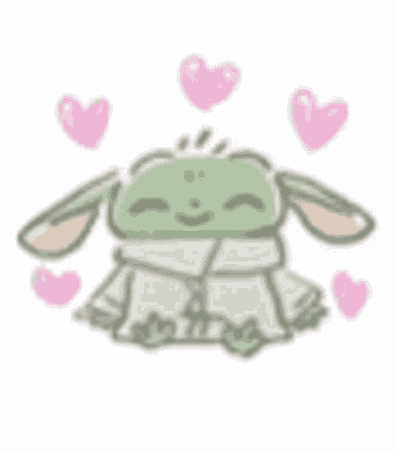 a baby yoda with pink hearts around him .