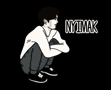 a cartoon of a man squatting down with his arms crossed and the word nyimak written on the bottom .