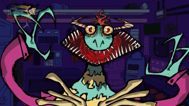 a cartoon drawing of a monster with horns and a purple background