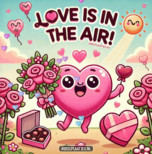 a cartoon illustration of a heart holding a heart shaped lollipop with the words love is in the air below it