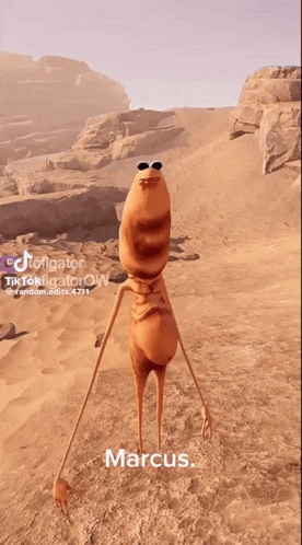 a cartoon character named marcus stands in the desert