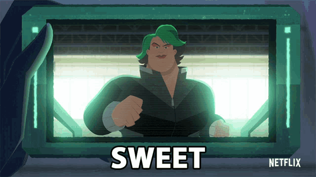 a cartoon of a woman with green hair and the word sweet under her