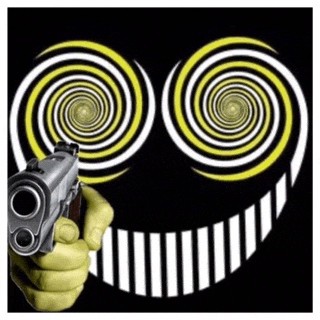 a hand is holding a gun in front of a smiley face with hypnotic eyes .