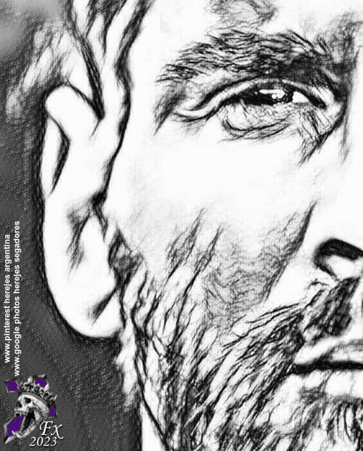 a black and white drawing of a man 's face with the year 2023 on the bottom right