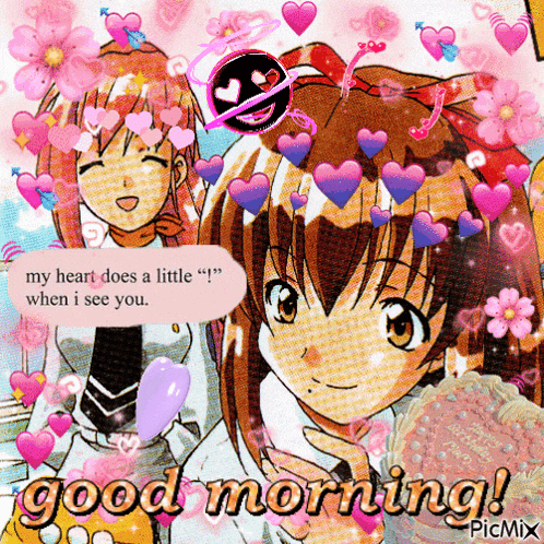 a picture of a girl with hearts around her and the words " my heart does a little when i see you "