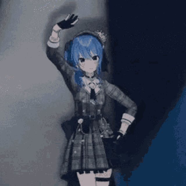 a 3d anime girl in a plaid dress is standing in a dark room holding a gun .
