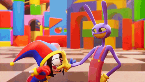 a jester and a purple rabbit are holding hands