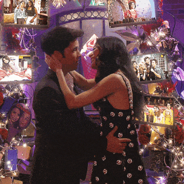 a man and a woman are kissing in front of a collage of photos