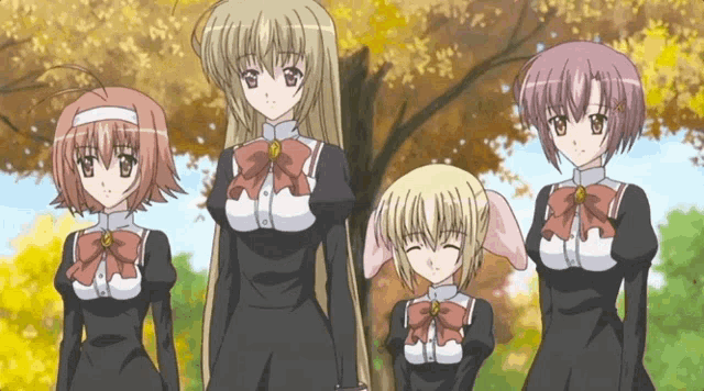 a group of anime girls standing next to each other in front of a tree