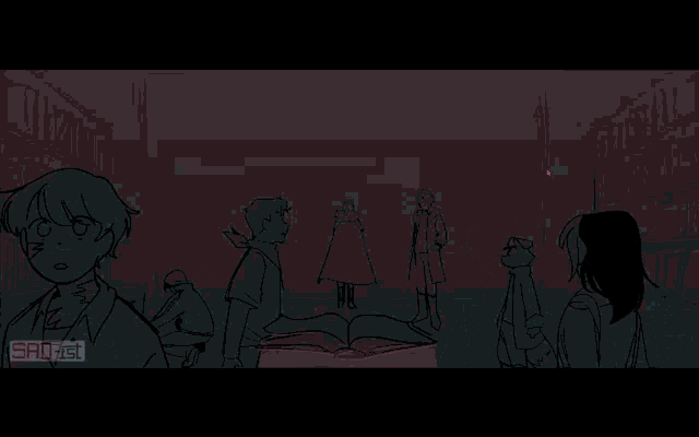 a drawing of a group of people looking at a book in a library