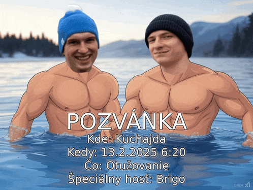 a cartoon of two men in a lake with the words pozvanka on the bottom