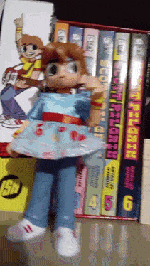 a doll is standing in front of a box of comic books including one titled " i am unable to see the image "