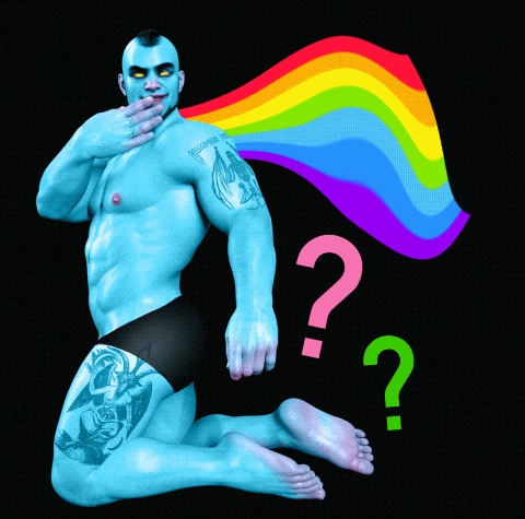 a man with a tattoo on his arm is kneeling down with a rainbow and question marks