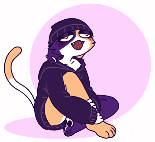 a drawing of a cat wearing a purple hoodie and a beanie