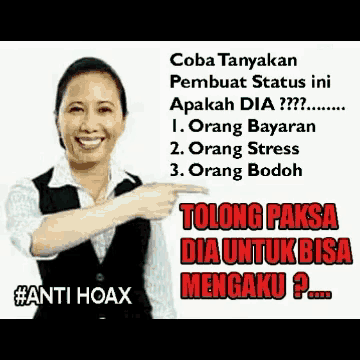 a woman is pointing at something with a caption that says " coba tanyakan pembuat status ini apakah dia "