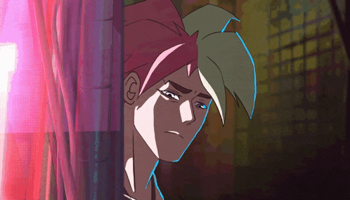 a cartoon drawing of a girl with pink hair and green hair