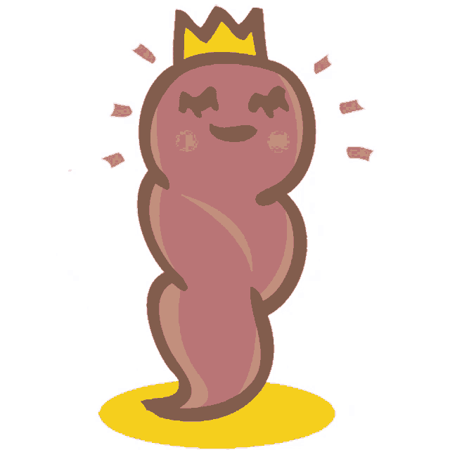 a cartoon drawing of a brown worm with a crown on its head