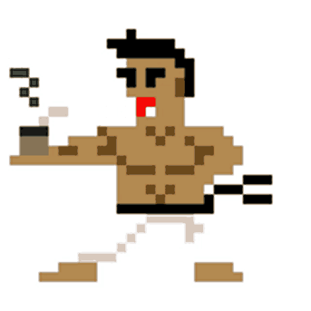 a pixel art drawing of a man holding a cup