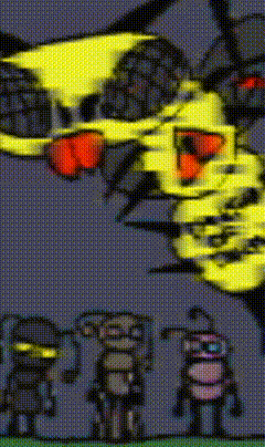 a group of cartoon characters are standing in front of a large yellow skull