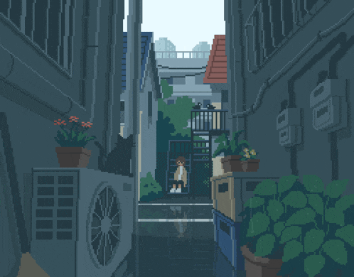 a pixel art of a person riding a bike down a dark alleyway