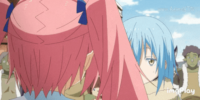 a girl with pink hair is standing next to a blue girl