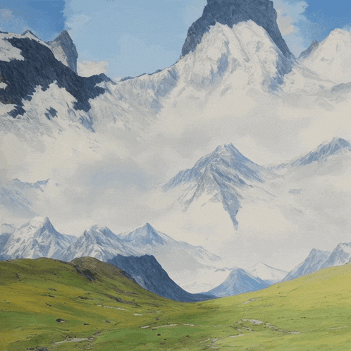 a painting of a snowy mountain range with a grassy valley in the foreground