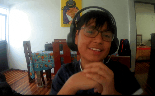a young boy wearing headphones and glasses smiles in front of a painting