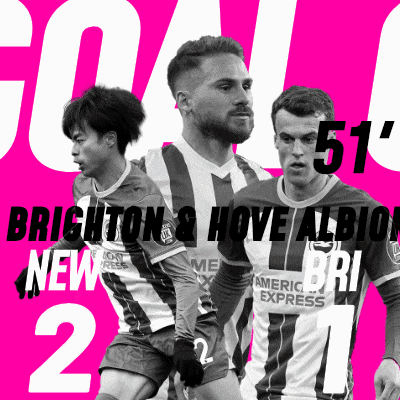 a poster for brighton and hove albion shows three soccer players on a pink background