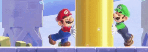 mario and luigi are standing next to each other on a platform in a video game .