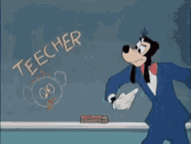 a cartoon character is pointing at a teacher written on a chalkboard