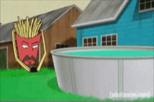 a cartoon of a french fries head standing next to a swimming pool