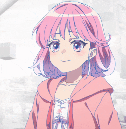 a girl with pink hair and blue eyes is pointing up
