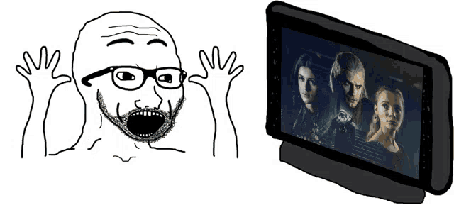 a black and white drawing of a man with glasses looking at a tablet
