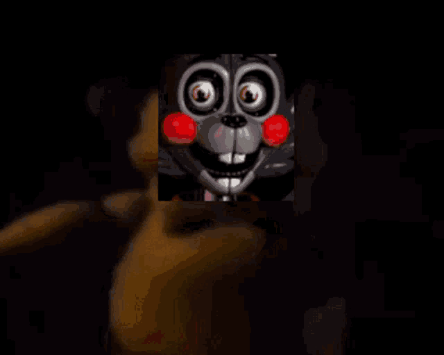 a close up of a cartoon character with red balloons in its eyes
