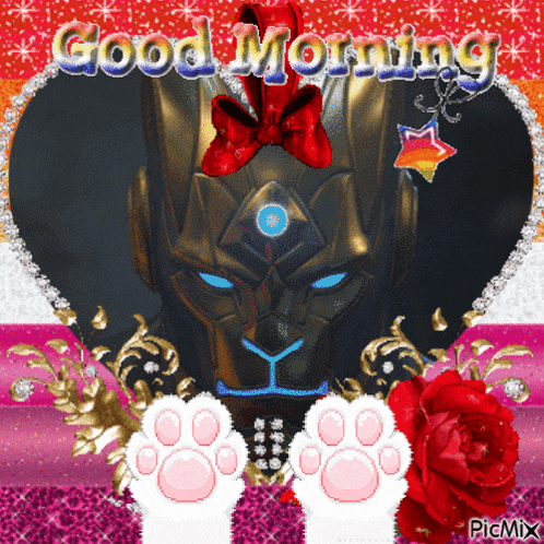 a good morning greeting card with a robot and paw prints