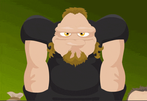 a cartoon drawing of a man with a beard and a black shirt