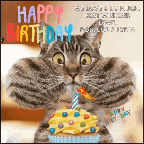 a birthday card with a cat holding a cupcake with a candle on it