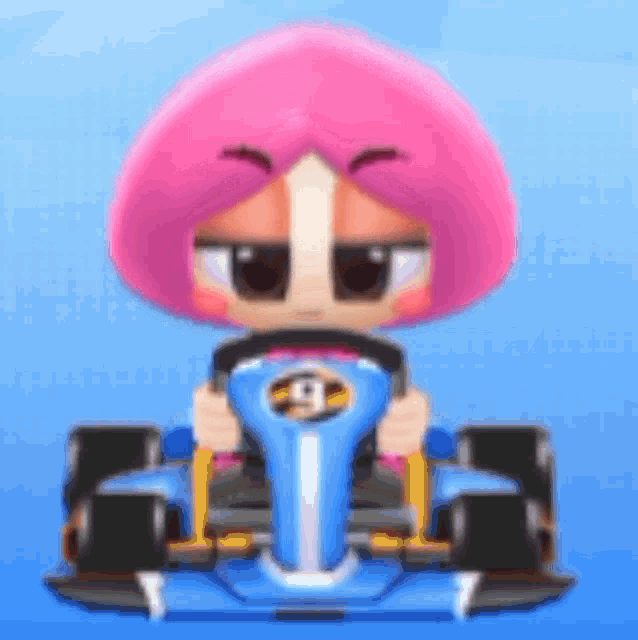 a cartoon character with pink hair is driving a blue car .