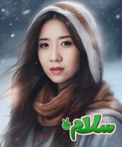 a woman wearing a scarf and a hood is surrounded by snow and a sign that says " peace "