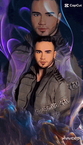 a man in a jacket is surrounded by purple and blue smoke in a painting .