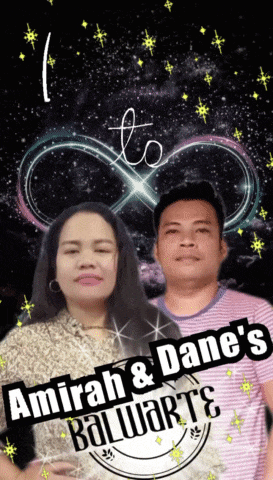 a man and a woman standing next to each other with the words " amirah & dane 's ballwart 's "