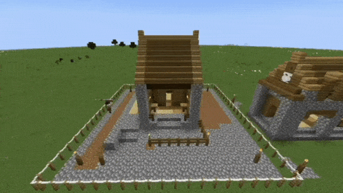 a screenshot of a minecraft game shows a house and a stone building